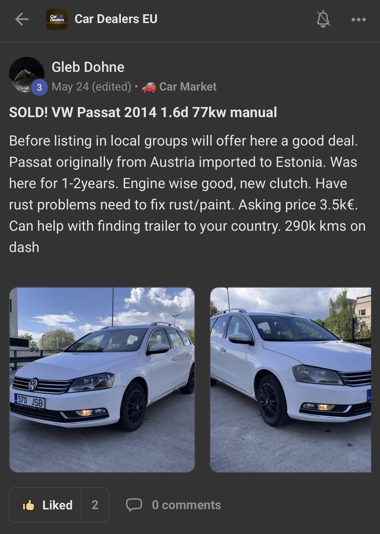 SOLD! VW Passat 2014 1.6d 77kw manual shared by Gleb Dohne