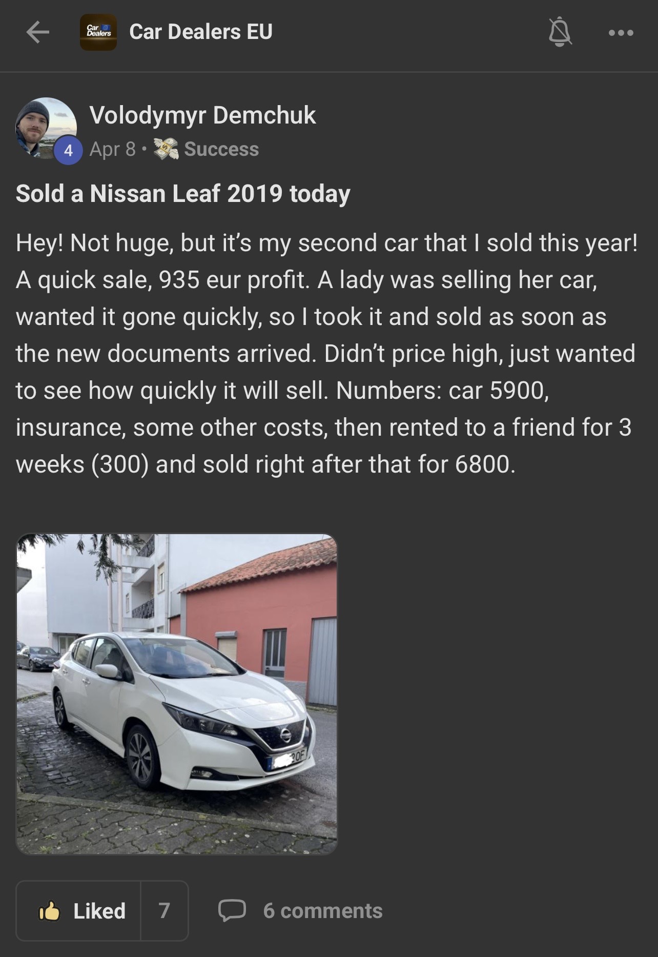 Sold a Nissan Leaf 2019 today shared by Volodymyr Demchuk
